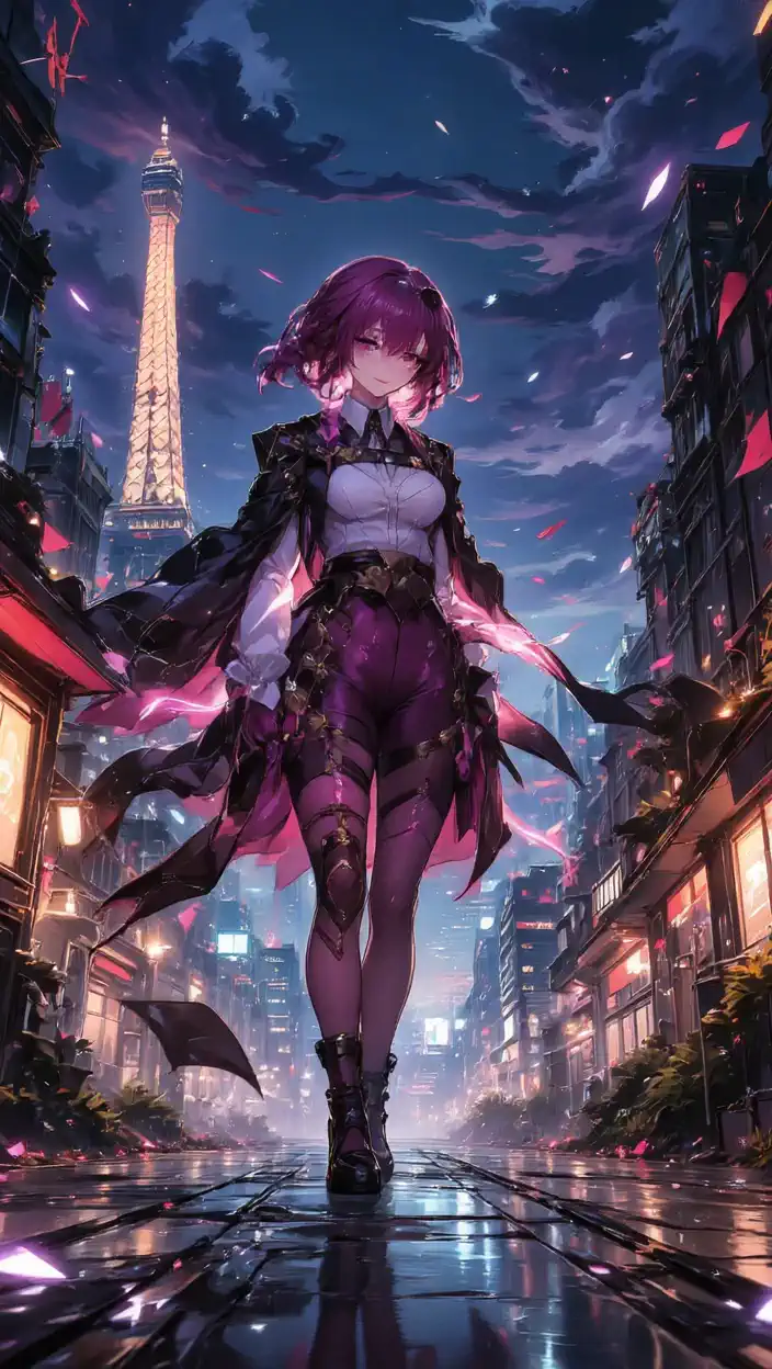 Woman striding confidently down a neon-lit street with petals swirling around her illuminated by the glow of the distant tower.