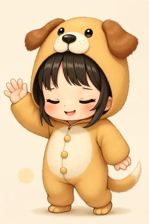dances happily wearing a dog costume、A girl showing cute movements while raising her hand。