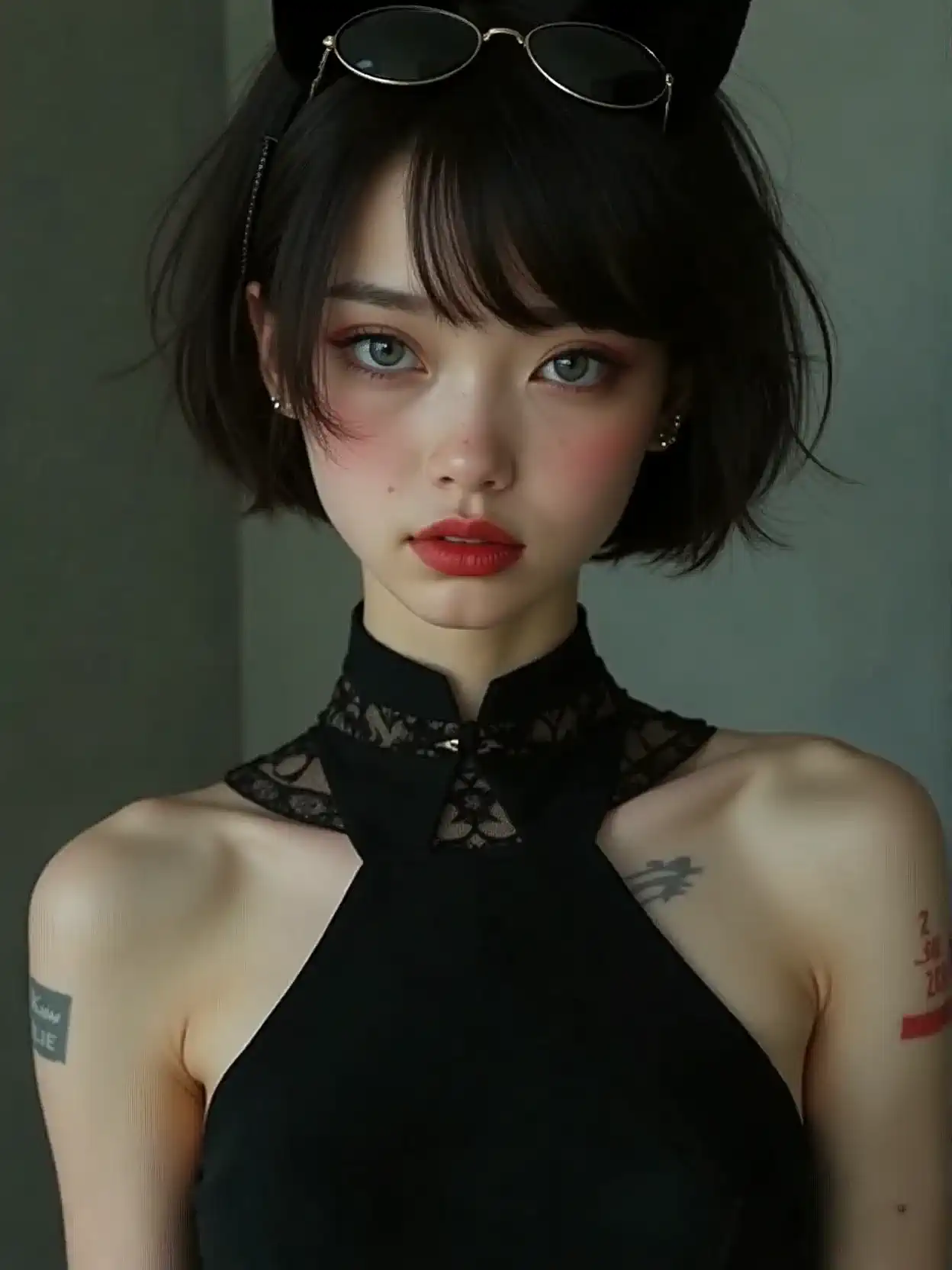 Woman with a sleek bob in a black lace dress dances gracefully in a dimly lit room as sunlight filters through a window casting playful shadows.