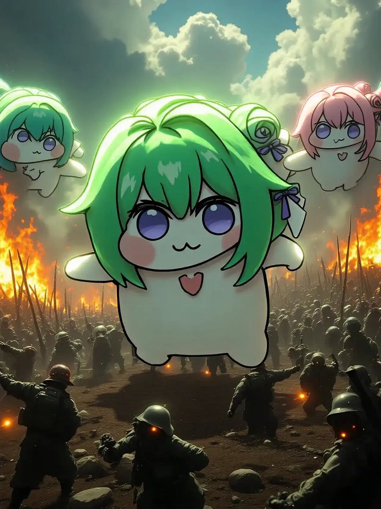 Language: While JA Soldiers are in turmoil on a battlefield surrounded by flames、cute characters with green hair fly around in the sky