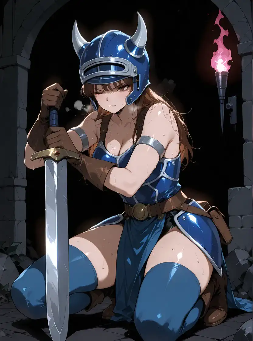 Language: ja A woman in armor is out of breath while sticking her sword into the ground。Flames flickering through the dark stones in the dungeon。anime style