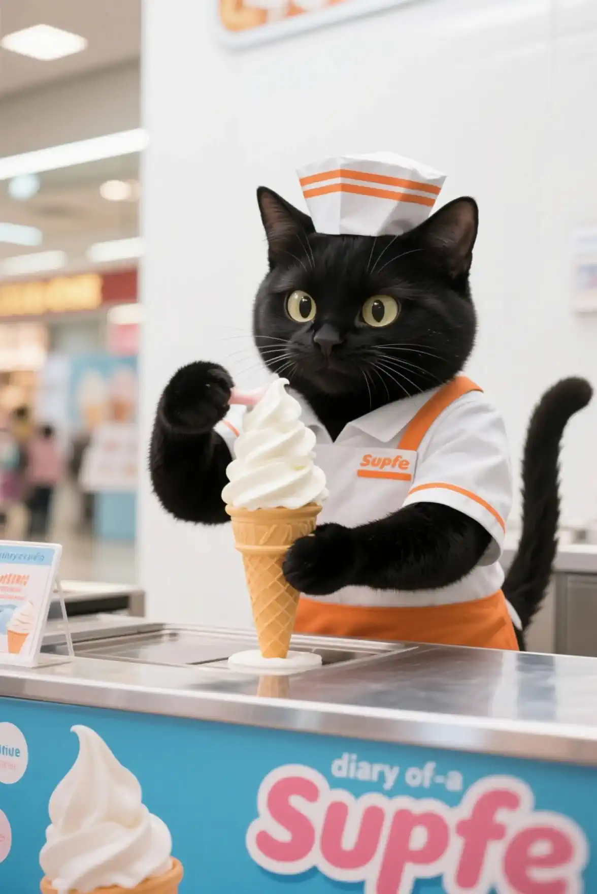 Language: ja猫がアイスクリーム屋でアイスを盛り付ける動きと周囲の店内風景が賑やかに変化する