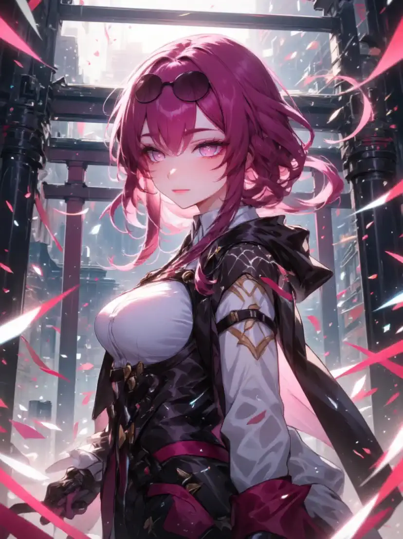 Anime style of Kafka of Honkai Star Rail: woman with flowing pink hair aim a pistol to shoot in direction off camera as cherry blossoms swirl around her. Battle scene at the shrine. the camera is tracking her movement