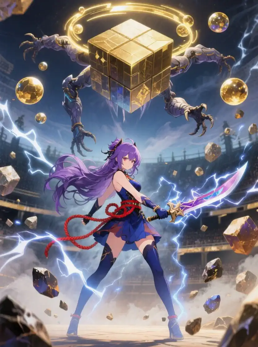 A girl with long purple hair attacks vigorously with a sword, high-voltage lightning, and a magical golden cubic creature hovers in the sky, spreads around her, spinning in the air and creating a whirlwind of light and sounds.