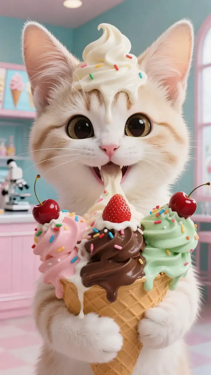 A cat is holding an ice cream cone and tasting various flavors of ice cream, and the surrounding ice cream shop is lively, shooting from a sharp camera angle with a bright and lovely atmosphere