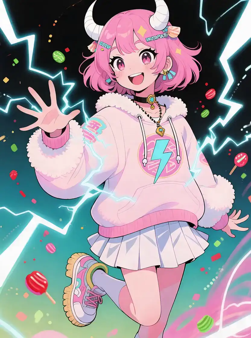 While dancing leisurely and cutely, slowly rotate the camera counterclockwise around the、releasing energetic thunder to the surroundings、Night shines。anime style。
slow movements so that the body does not collapse。,subject.
