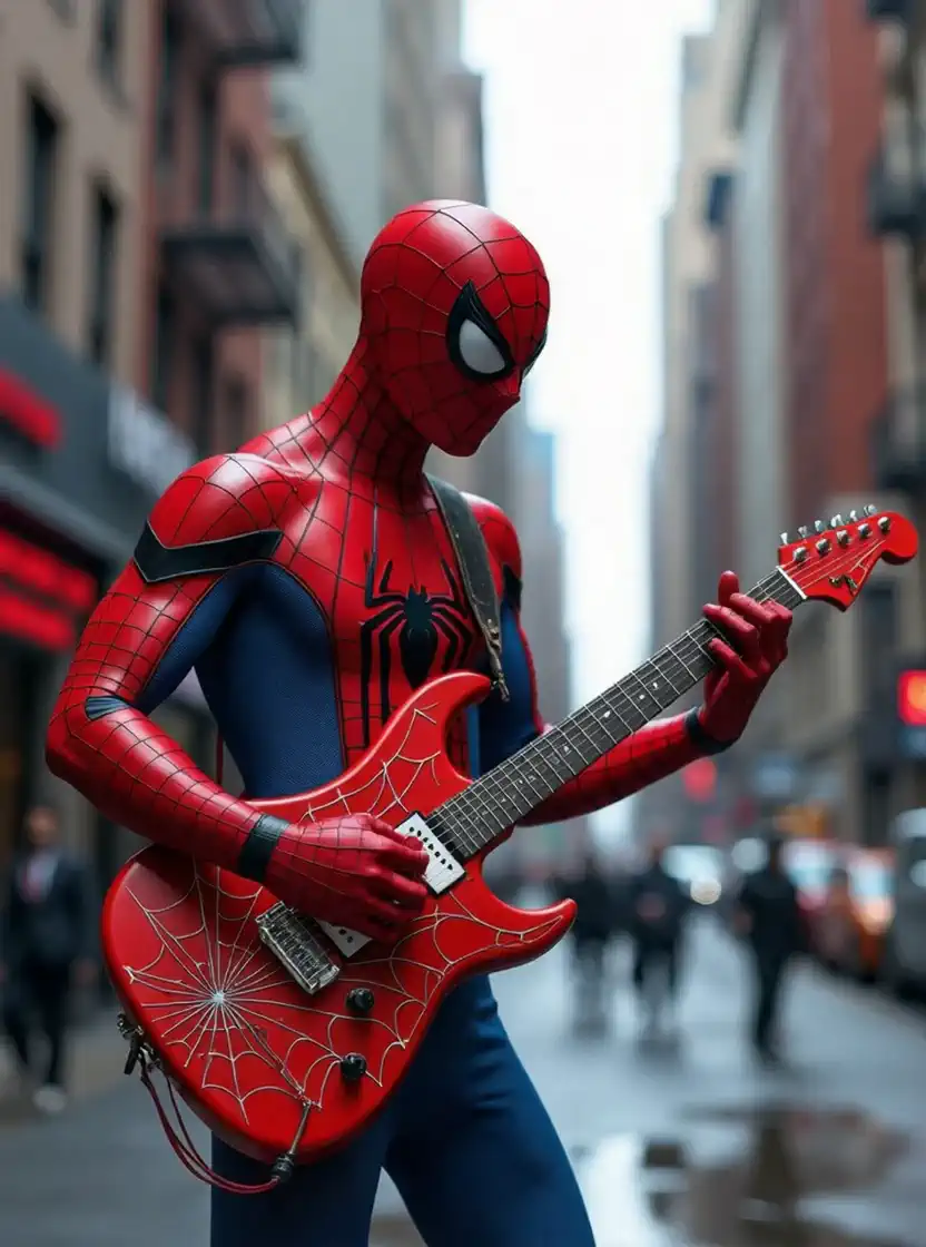 Spider-Man playing the electric guitar 