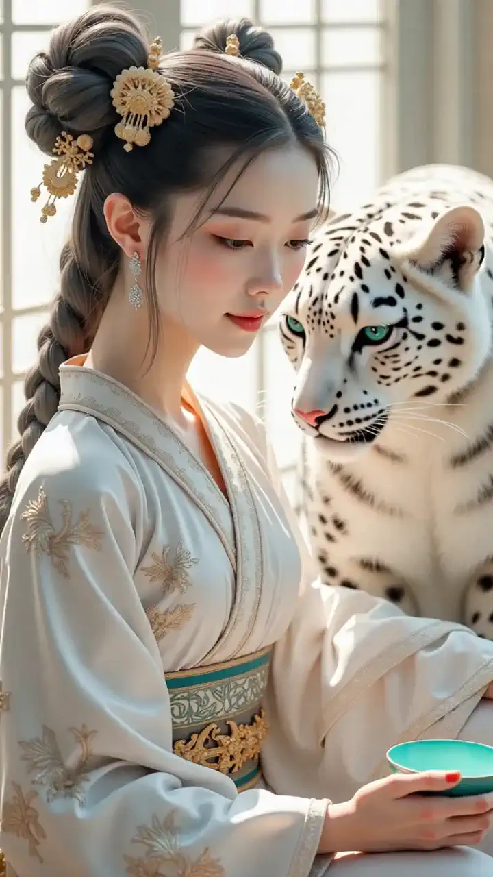 The woman in traditional dress slowly turns her head towards the camera and smiles sweetly, and the white leopard gently touches her shoulder, the soft light glides through the window, the calm surrounding them.