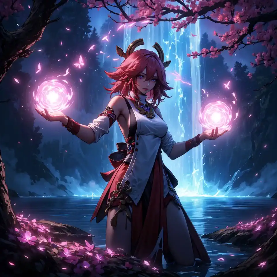 Anime style Yae Miko channeling the glowing orbs of light to the right side while glowing cherry blossom petals float gently around her. Glowing waterfal cascading to the lakel in the background. 