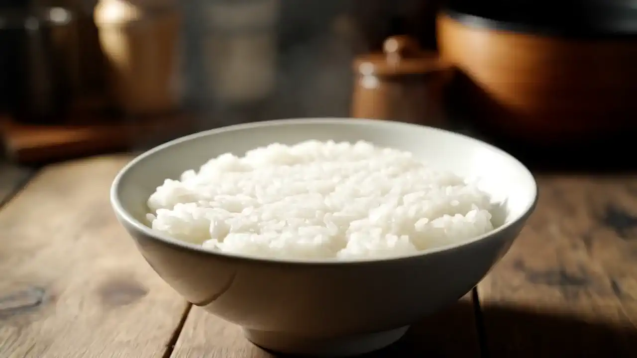 a close-up top-down view of a freshly cooked bowl of white rice on a wooden table, a cracked raw egg yolk landing on the rice in the shape of a perfect heart, realistic lighting, photorealistic Asian kitchen background, cinematic composition, subtle morning sunlight, shallow depth of field, visible steam rising, Asian realism style
