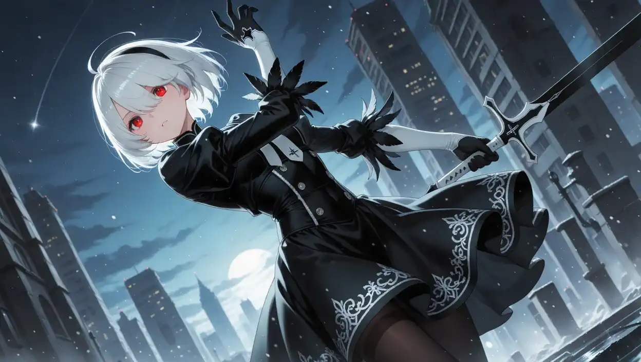 White-haired, red-eyed woman wielding a long sword spinning and dancing, and snowflakes falling in the night sky