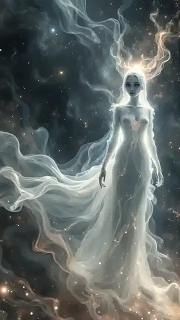 Woman dancing among cosmic clouds, her dress flutters smoothly in zero gravity, the glow around emphasizes her movements.