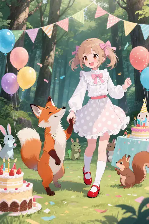 the girl happily dances with the fox、The surrounding balloons float fluffily。cute