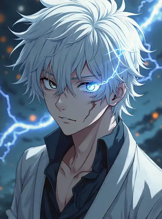 Man with white hair raises his hand as electric sparks burst around him in a stormy night sky