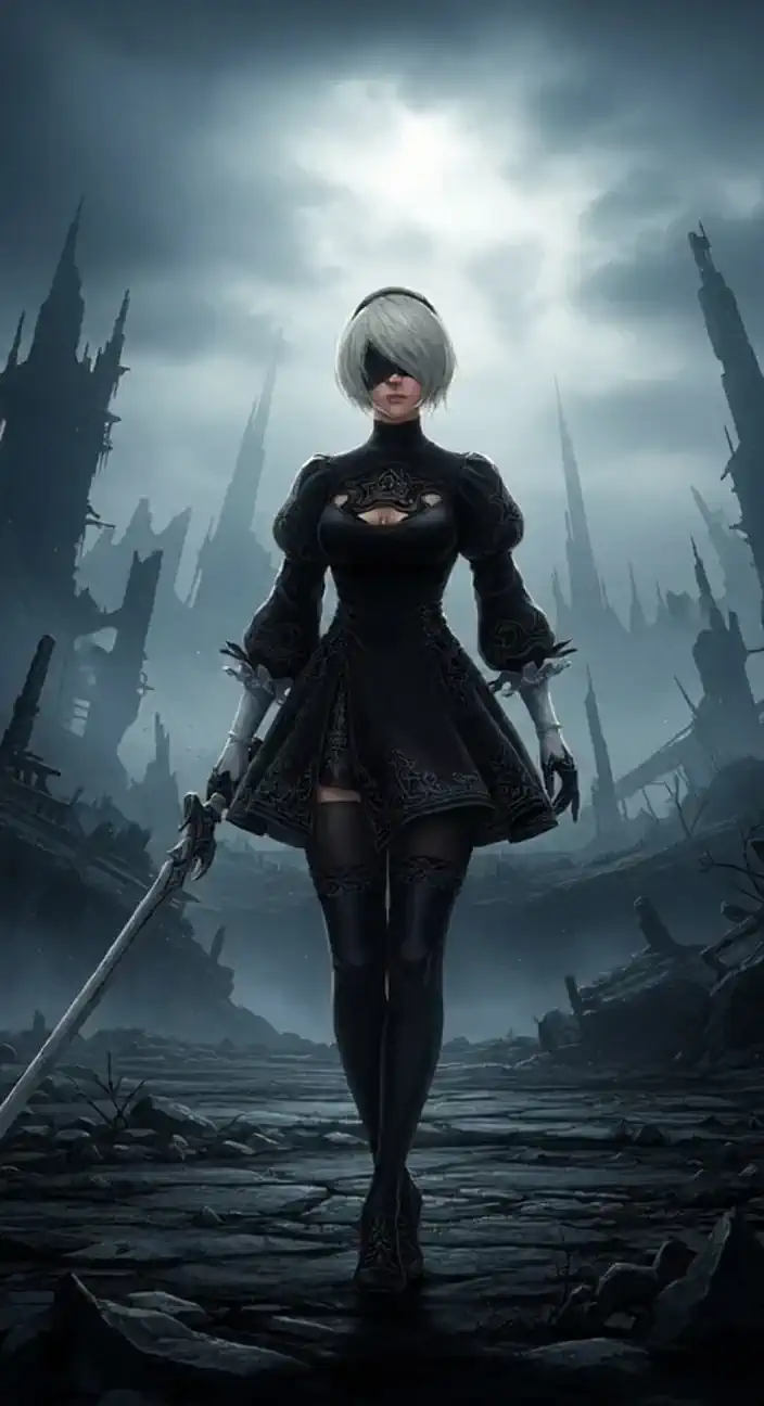 Zoom in on the figure of walking slowly while dragging a sword