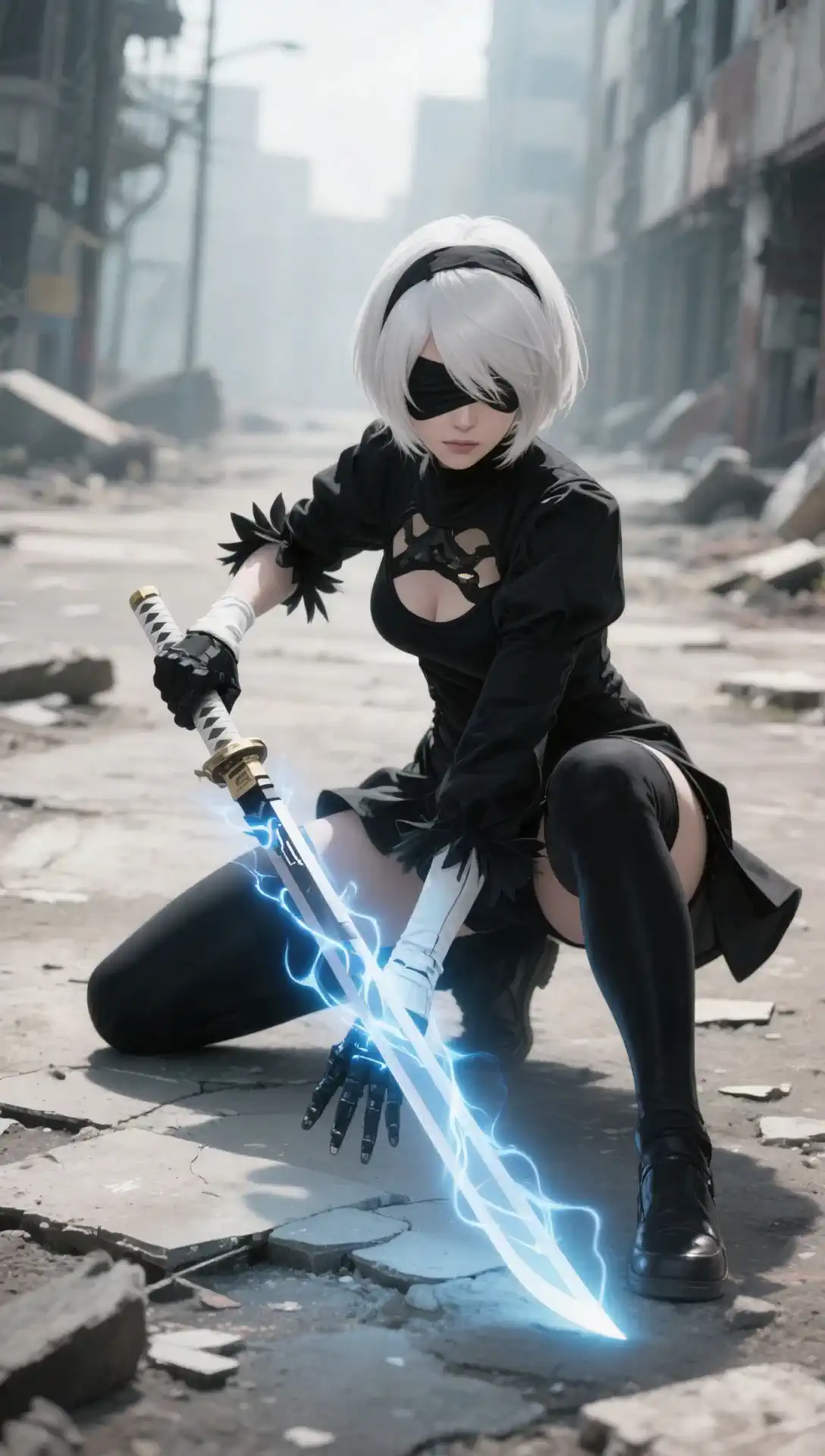 A woman kneels dramatically while her glowing sword emits crackles electric energy pulses in the ruins of a city. and an explosion explodes behind her