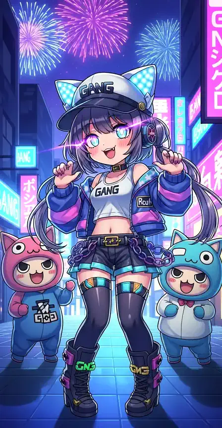 the girl dances dynamically in the neon street、the two characters in the back jump lightly together。The fireworks in the back burst、the neon shines so brightly　the neon light sparkles all over
