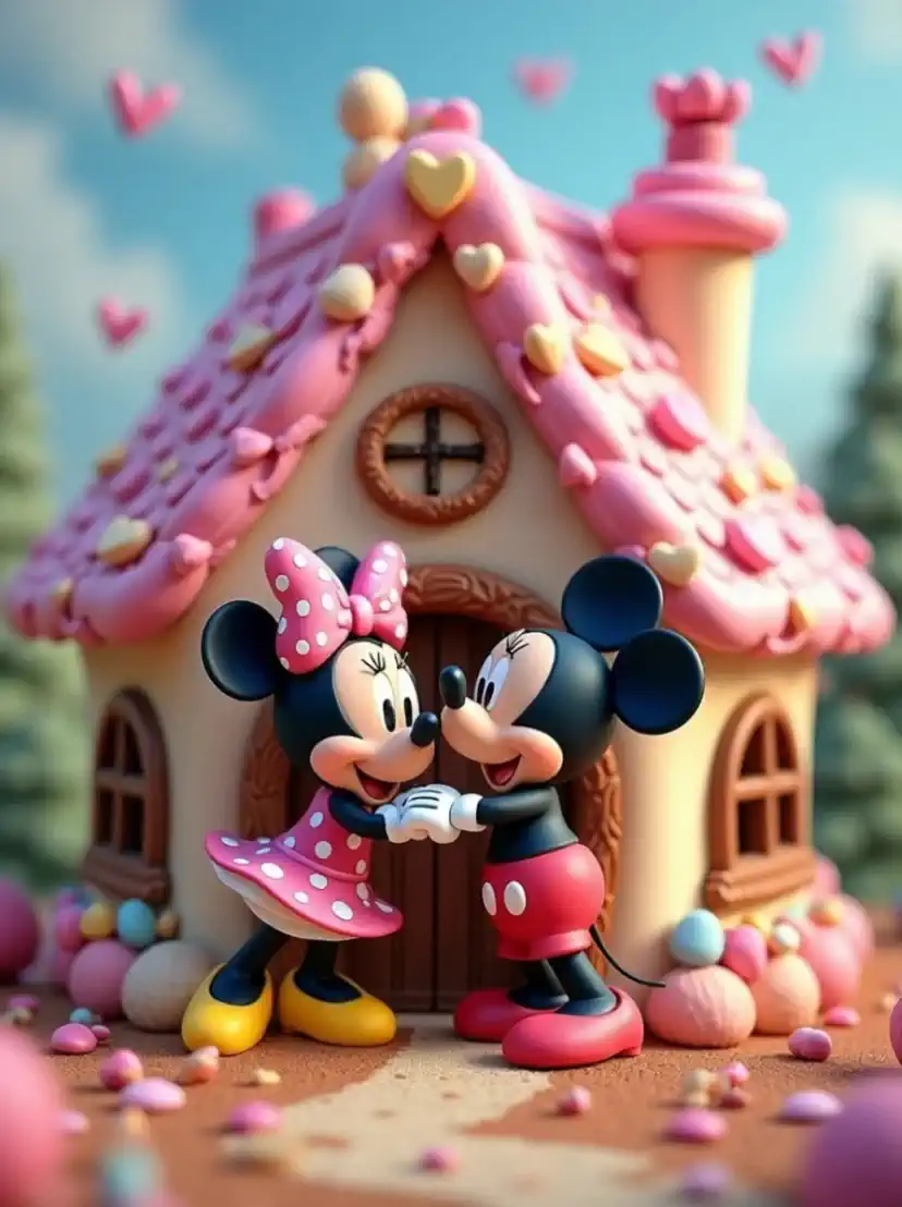 Mickey and Minnie dance while happily holding hands、a heart-shaped balloon is floating in the background