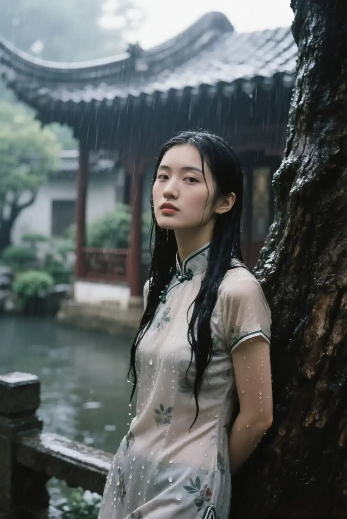 Language: dynamic camera motion that circulates around her {x} a breathtaking cinematic scene with a beautiful woman standing in the rain、Wet hair and clothes、Water flows down her face、slow motion drops of water falling into the surroundings、Subtle expressions of sadness and peace、soft moonlight reflects off the raindrops、drops of water in slow motion、Photorealisticな質感、Ultra Detailed Skin、close-up shots and wide-angle views alternating、浅いdepth of field、4K resolution、volumetric lighting、Soft ambient light、hyperrealism、Emotional Atmosphere。8k、RAW pictures、top quality、masterpiece、ultra high resolution、Photorealistic、Ultra-detailed、dramatic lighting、staring at the viewer、Dynamic Angles、Shandana Scenery、Super Real、Photorealistic、8k、Highly detailed、Sharp Focus、Natural Light、DSLR、（depth of field）、（Bokeh：1.2）、realistic skin texture、cinematic lighting、highly detailed。