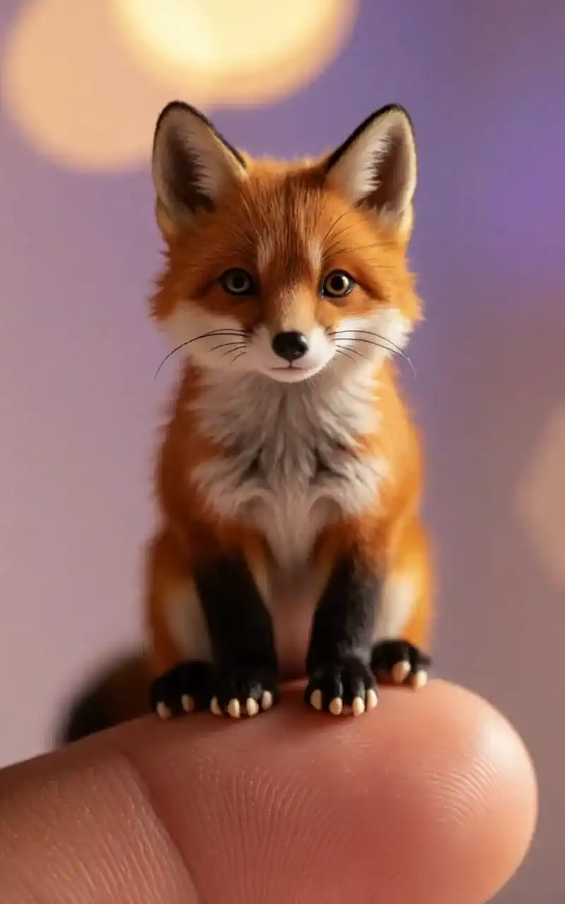 A miniature fox jumps on its finger in the warm blur of glowing lights