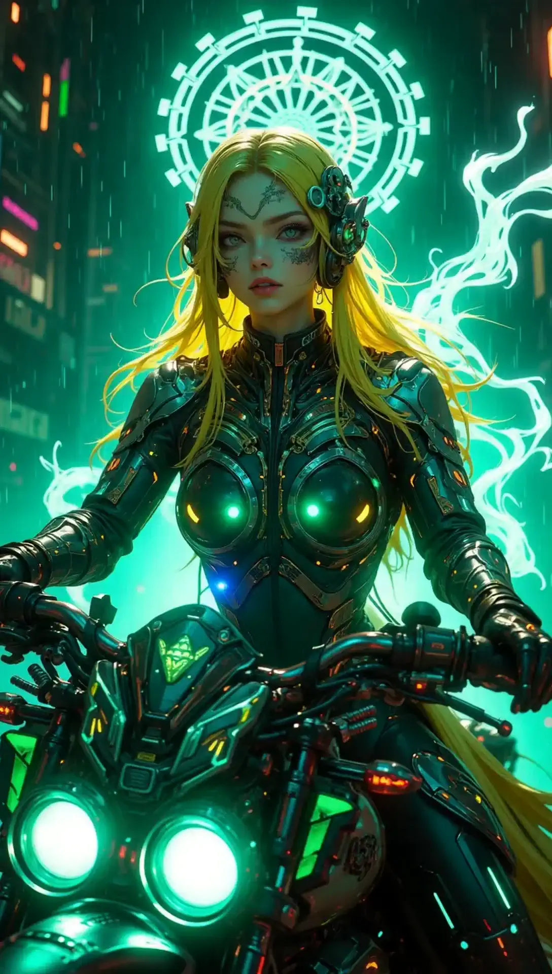 A metal woman in a cyber suit rushes her motorcycle through a rainy neon city, the background flickers green lights and energy patterns surround her figure