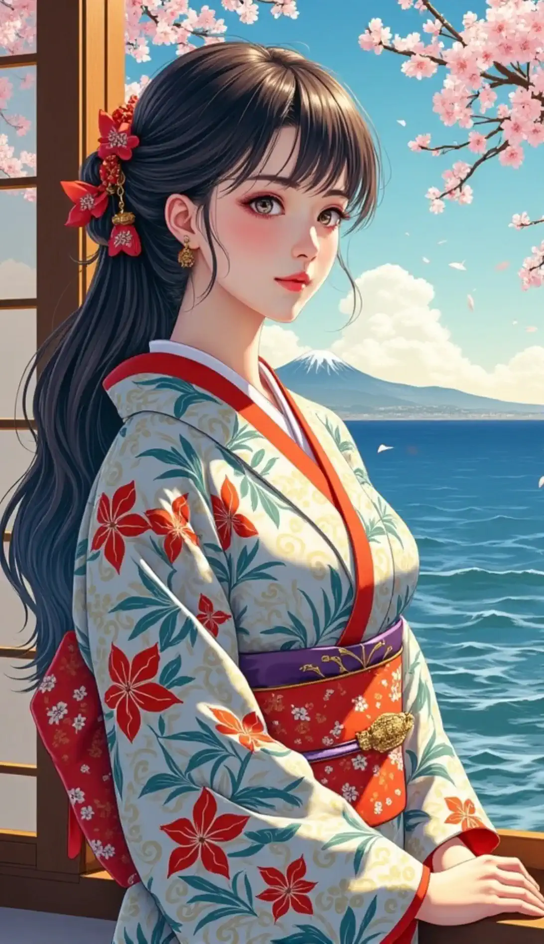 言語: ja女性、The waves sway in the wind.
