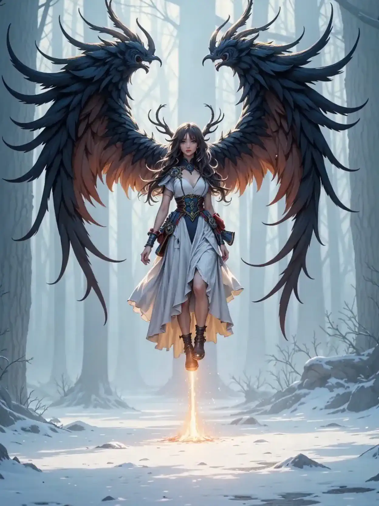 A woman with wings soars into the air,  she flaps her wings , the forest freezes around her 