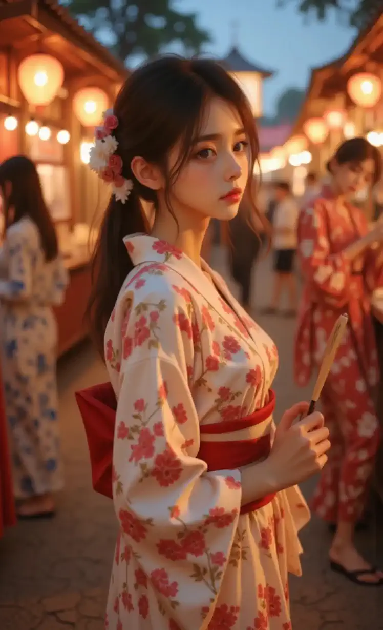 A woman in a floral-colored yukata dress walks through an evening market where lights shine brightly, tightly enveloping the atmosphere.{{camera:[film-E3Q129e]:camera}}