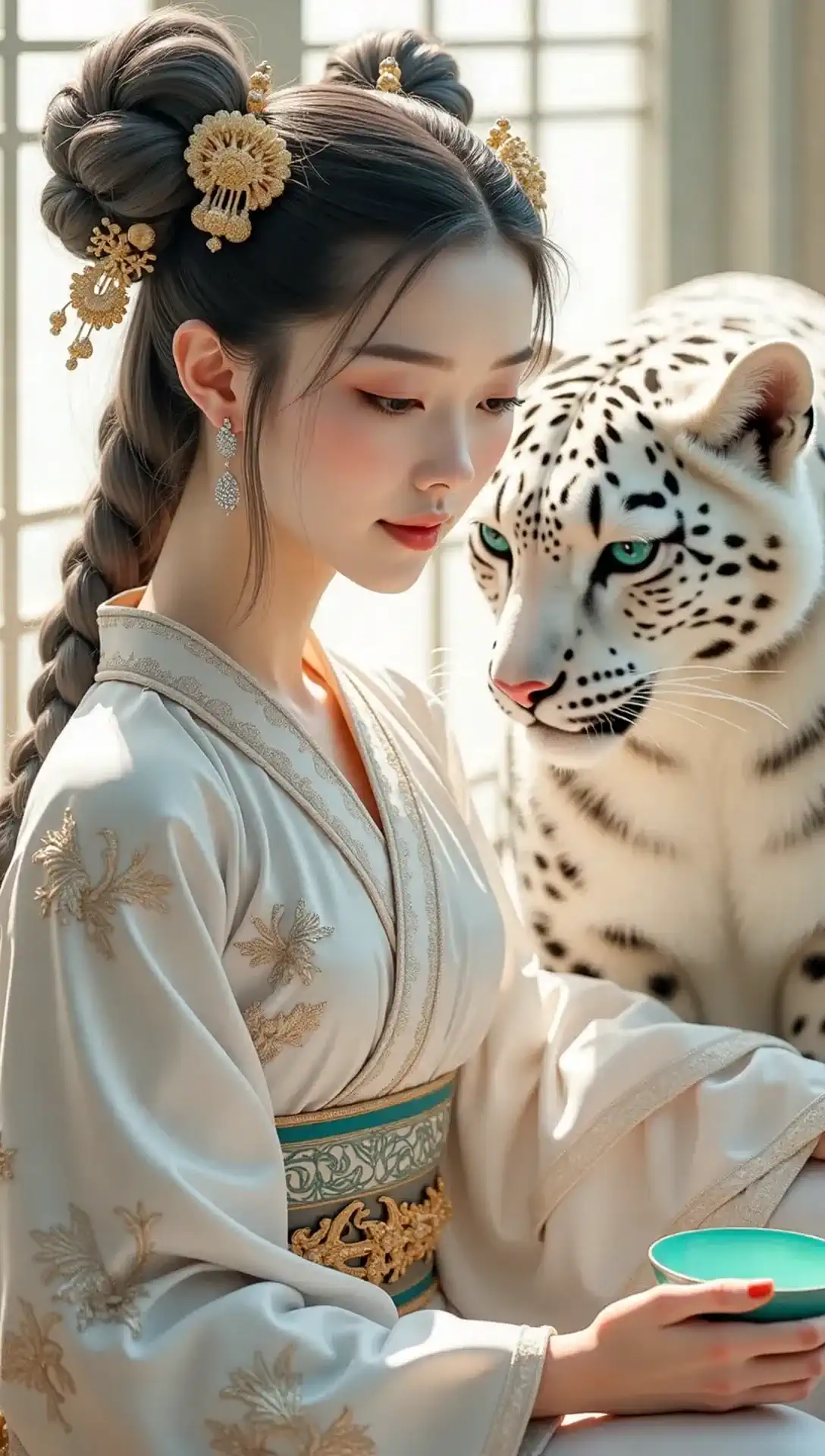The woman turns smoothly, holding a cup, while the snow leopard moves elegantly beside her in a bright room.