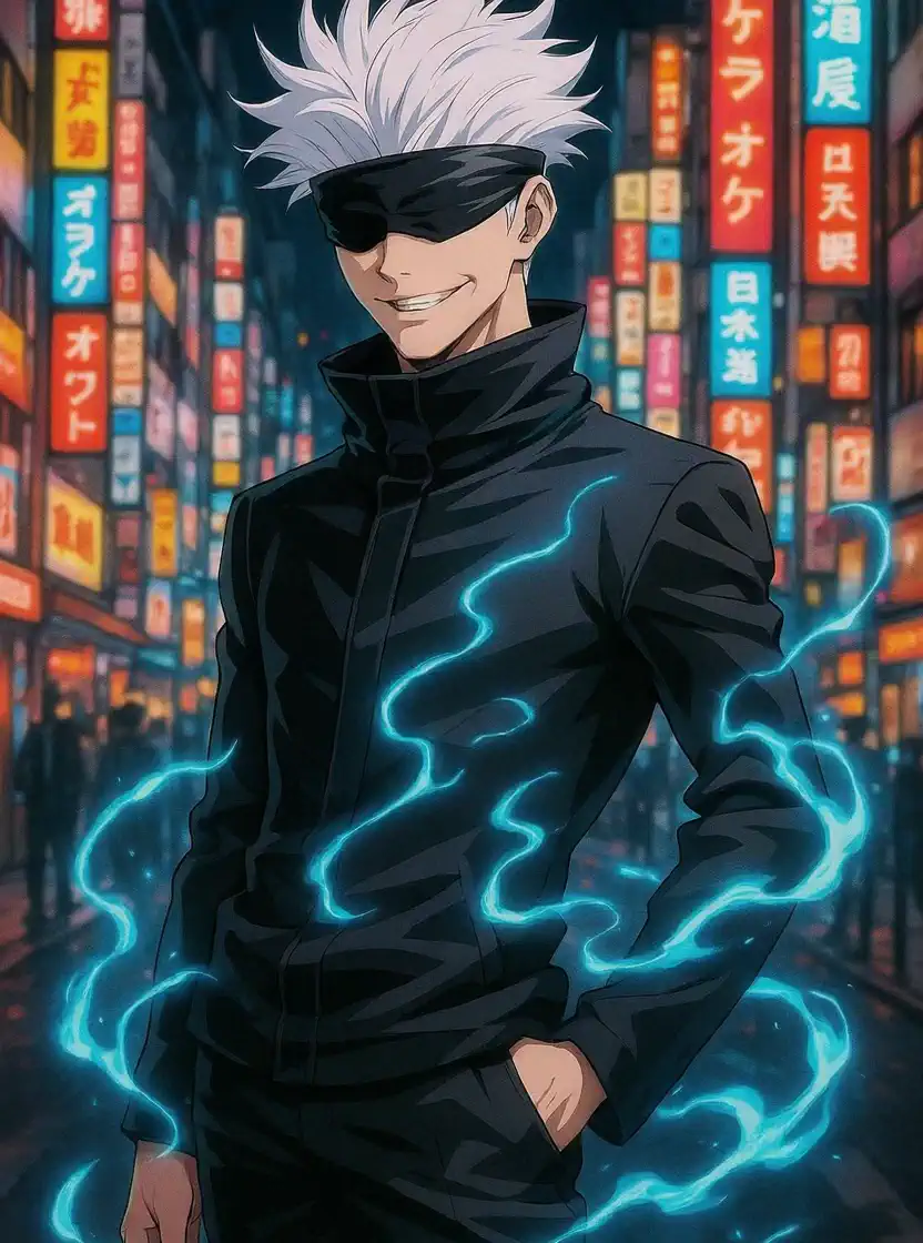 Convert an image of Gojo Satoru from Jujutsu Kaisen into a video: Gojo striding with effortless, cocky swagger, snowy white hair flowing, blindfold covering blue eyes, dressed in a sleek black high-collared jacket and slim-fit pants, hands in pockets, playful smirk, walking through a neon-lit Tokyo street at night, glowing cursed energy trailing, vibrant billboards, bustling urban vibe, dynamic camera angle, hyper-detailed, sleek anime style, Telugu subtitles saying “Swag antha nade, mawa!”, bold Telugu male voiceover saying “Nenu untouchable, bhayya!”, inspired by Jujutsu Kaisen’s modern aesthetic.