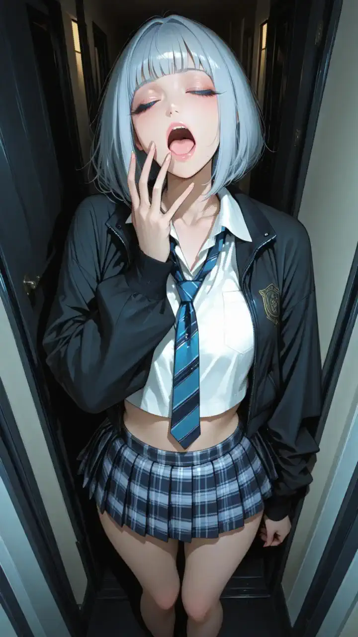 anime girl with stylish silver bob hair, eyes gently closed, softly yawning with one hand near her mouth, then naturally raising both arms in a relaxed stretch, without arching her back, subtle and graceful movement, wearing a modern black school uniform with short plaid skirt, exposed midriff, standing in a quiet hallway doorway, warm morning sunlight gradually brightening the scene, soft glow surrounding her, peaceful and calm atmosphere, full body, solo, cinematic anime style, smooth animation
