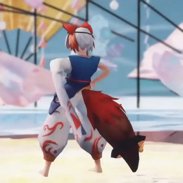 the fox character turned his back to me，Back and forth tossing the furry big tail
