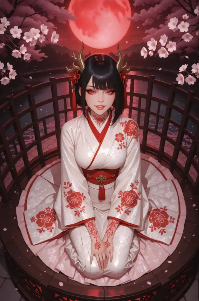 A serene lakeside under a red full moon.
Suddenly, the water ripples gently and a massive Eastern dragon emerges from the lake behind a beautiful shrine maiden.
The dragon glows in shimmering red and gold scales, slowly ascending into the sky as cherry blossom petals swirl in the moonlit air.
The girl remains seated calmly with hands folded, smiling softly, as the dragon soars behind her.
Cinematic lighting, mystical atmosphere, tranquil music with faint wind and dragon roars.