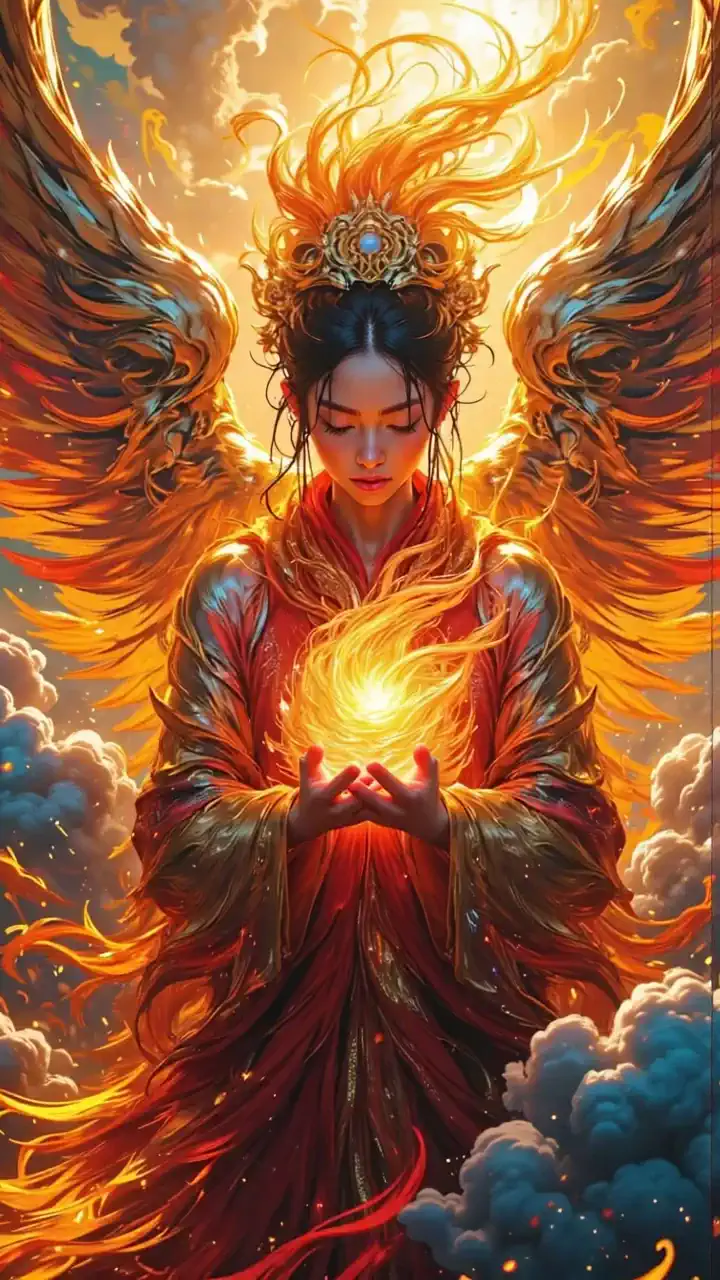 The angel spreads its fiery wings, creating a vortex of light around, the clouds slowly scatter against the background of a golden sunset.