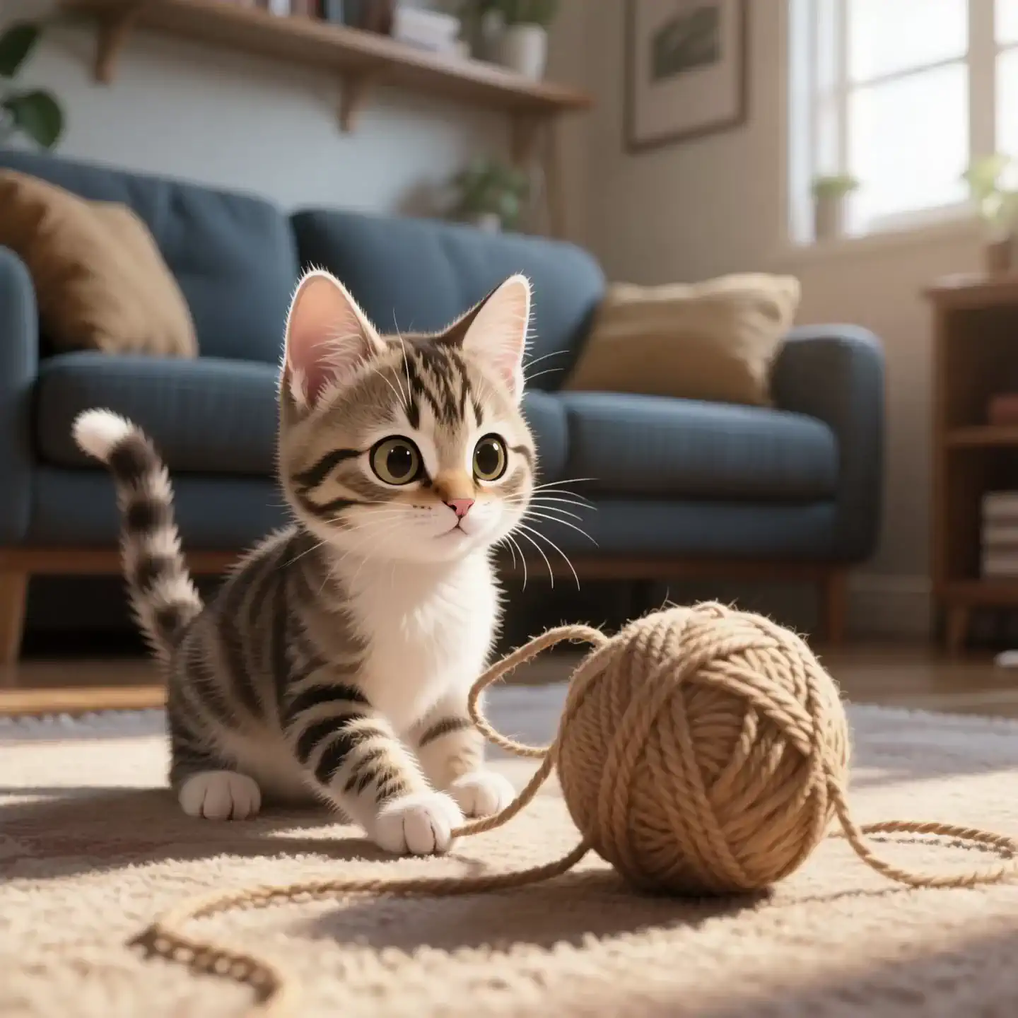 Kitten playfully striking a ball of yarn and chasing it across the sunlit living room floor