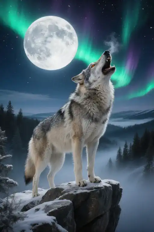  Cinematic, Photorealistic, Ultra-Detailed Nature Video, High Resolution]

A 5-second continuous, atmospheric video: A majestic, grey wolf stands on the edge of a snow-covered, jagged cliff under a vast, dark winter sky. In the background, a brilliant full moon is partially obscured by a delicate, ethereal aurora borealis. The Northern Lights pulse and shift in vibrant green and blue hues across the sky.

**Scene Progression:**
**0-2s:** The wolf stands motionless, its fur gently ruffled by the cold wind. It looks up at the moon and the aurora, its gaze sharp and focused. Snowflakes drift down softly around it.
**2-4s:** The wolf's head tilts back and it lets out a powerful, long, and emotional howl directed at the sky. Its breath is visible in the cold air. The aurora intensifies slightly in response to the sound.
**4-5s:** The howl fades, and the wolf returns its head to a level position, maintaining its stoic stance against the stunning, cold night sky.

**Atmosphere:** Majestic, wild, serene, cold, powerful, mystical.

**Camera:** A steady, eye-level shot, focusing on the wolf and the sky, with a subtle zoom-out during the howl to capture the scale of the scene.

**Keywords:** Cinematic, Photorealistic, Winter, Snowy Cliff, Wolf Howling, Full Moon, Aurora Borealis, Northern Lights, Majestic, Wild, Breathtaking, Ethereal, Cold Breath.