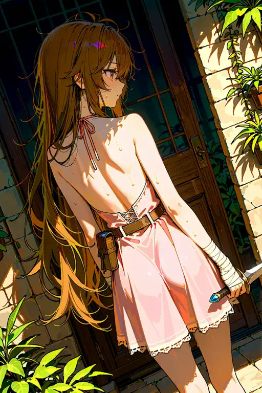 Woman swiftly turns around and raises her dagger defensively as her pink dress flares and swishes and her eyes narrow as she stands in front of a rustic door as sunlight cascades over the lush greenery.
