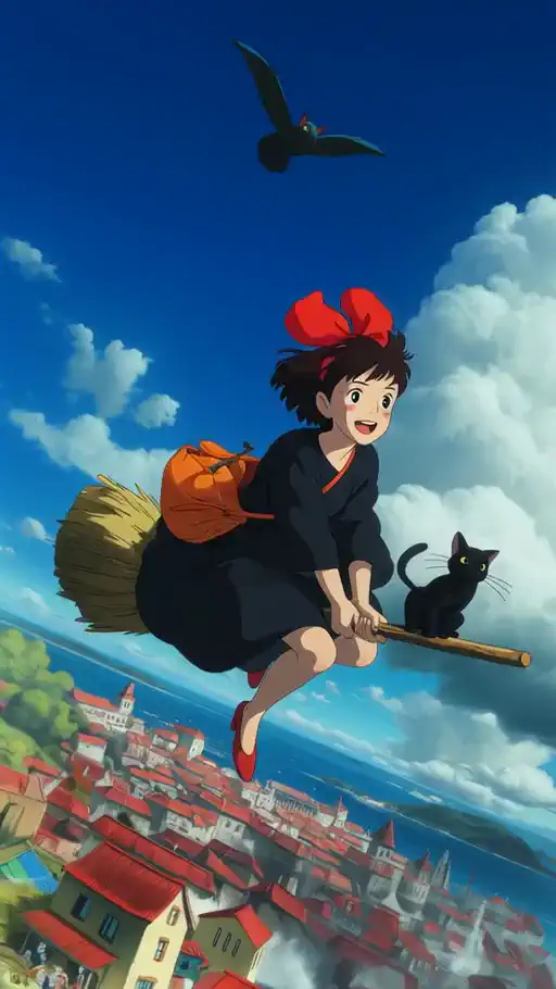 The witch is flying on her broom, the cat sitting steadily beside her, birds are soaring in the sky, and the city is unfolding below.