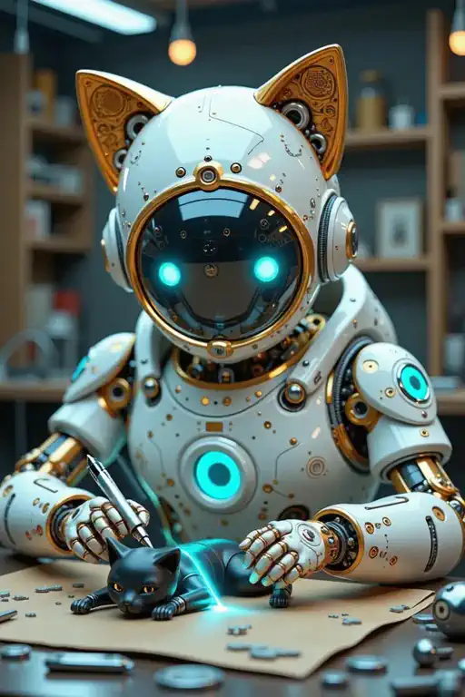 0-1s: The robot slightly moves the laser tool pen in its hand, the light blue glow on the mechanical little black cat disappears, 1-5s: The robot continues to focus on repairing the mechanical little black cat, the mechanical little black cat blinks.