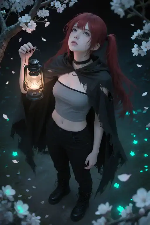 A young woman with fiery red pigtails stands motionless amidst a dark, enchanted cherry blossom grove, her tattered black cloak draped dramatically. Her pale face, illuminated by the soft glow of a lantern she holds low, glowing flower petals fall and flowers bloom at her feet, the camera slowly pans away to show more glowing flowers blooming, overtaking the landscape as petals glow and swirl in the night