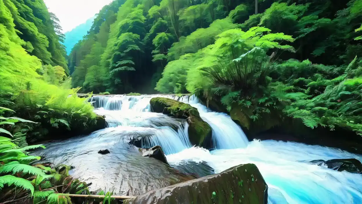 As the creek flows down through the woods、Water splashes fly