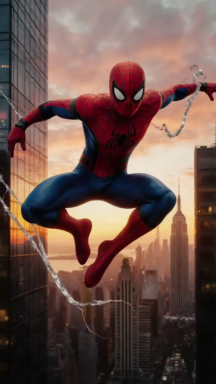 High Speed Move、Spider-Man jumps over a skyscraper using spider webs、In the air, the suit changes to a black cape and mask, and、becomes Batman and continues flying against the moonlit night scene