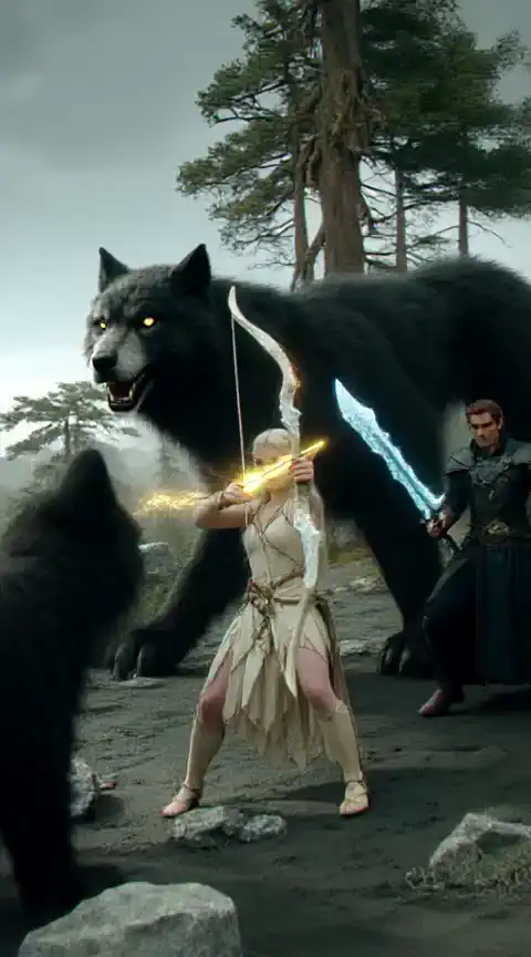 D&D battle with two heros fighting dire wolves