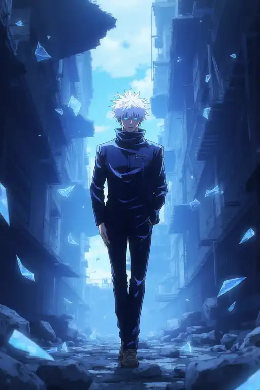 The man moves decisively through the narrow alley, while crystal-clear shards around him double and float in the air and reflect gently.