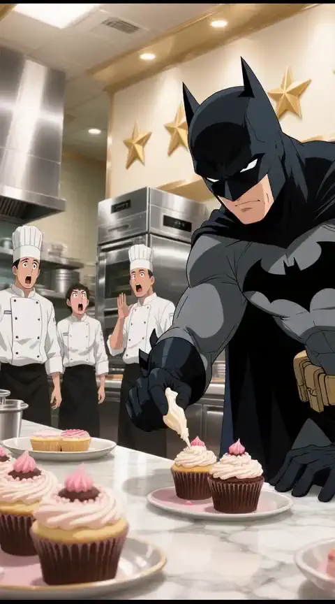 Batman expertly squeezes out the cream, creating a perfect pattern, his movements precise and graceful, while the astonished chefs behind him exchange horrified glances. The camera slowly zooms in on his hands, focusing on the process, then slowly pulls back to show the hero's tense face and the shocked staff.