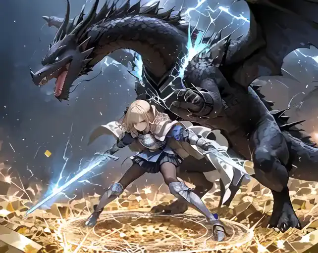 female knight, shining silver armor, blonde hair flowing, twin glowing swords, white and blue cape swirling, glowing magic circle beneath, fierce black dragon with scarred shoulder, battlefield of golden fragments, epic fantasy duel

Scene1 (0-2s): knight suddenly pivots, cape flaring, both swords igniting with lightning, camera follows smoothly from behind as she begins a spinning attack
Scene2 (2-5s): knight spins her whole body in mid-motion, performing dual-sword rotation slashes, blades leaving glowing circular afterimages, sparks fly on each strike, camera orbits fluidly in sync with her spin, emphasizing smooth speed
Scene3 (5-8s): continuous high-speed rotation combo, both swords carving into dragon’s wounded shoulder, lightning bursts and shockwaves scatter debris, camera glides around them in a circular pan, no jitter, perfectly smooth
Scene4 (8-10s): knight lands final spinning strike, dragon roars in agony, glowing wound spreads, dragon collapses violently, battlefield shakes, golden fragments scatter, camera pulls back in wide sweeping shot capturing the fall in cinematic slow motion

Lighting: intense sparks, lightning arcs, glowing slash trails
Motion style: ultra-fast spinning attacks, fluid and smooth camera following knight’s rotations
Style: anime cinematic, highly detailed, dynamic action
