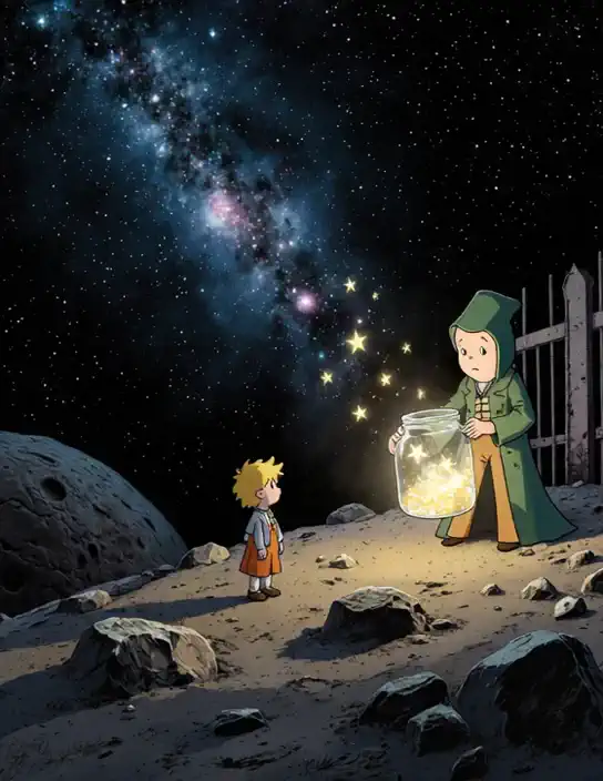 A child reaches for a sparkling star jar while cosmic winds swirl around them under the twinkling stretch of the Milky Way