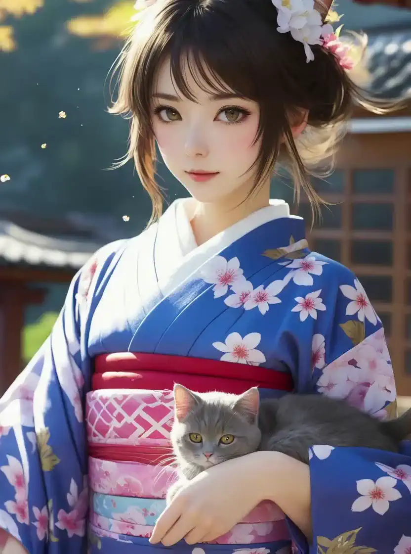 Language: ja the girl plays with her cat while gracefully rocking a cherry blossom patterned kimono、Soft autumn light illuminates the garden