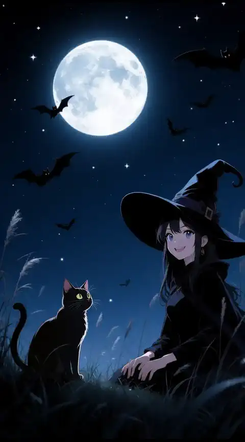 0-1s: The scene is established, a massive full moon glows, the witch's hair sways slightly in a gentle breeze, the cat's ear twitches, camera begins a very slow dolly in.

1-2s: The witch tilts her head and her gentle smile widens slightly, the cat blinks slowly and turns its head a fraction towards her, bats begin their flight path across the moon, a soft magical glow starts to emanate from the witch's hand.

2-3s: The witch raises her hand, palm open, as intricate, glowing magical particles swirl into existence above it, the cat rises onto its haunches, curious, the camera subtly shifts focus from the moon to the witch's hand, the light pulses.

3-4s: The magical energy coalesces into a shimmering, ethereal shape (e.g., a small star or orb), the bats circle dramatically, the moon's light intensifies, casting sharp, moving shadows, the cat's eyes reflect the magic light.

4-5s: The witch completes a subtle spell-casting motion with her detailed fingers, the magical object floats upwards, the camera tilts up slightly to follow it, a soft lens flare from the moon occurs, the scene holds for a final moment of magic.

Camera, Style: Cinematic, dynamic camera movements, slow and smooth motion, anime realism style, ultra-detailed, sharp focus, 8K resolution, dramatic chiaroscuro lighting, mystical atmosphere, best quality.