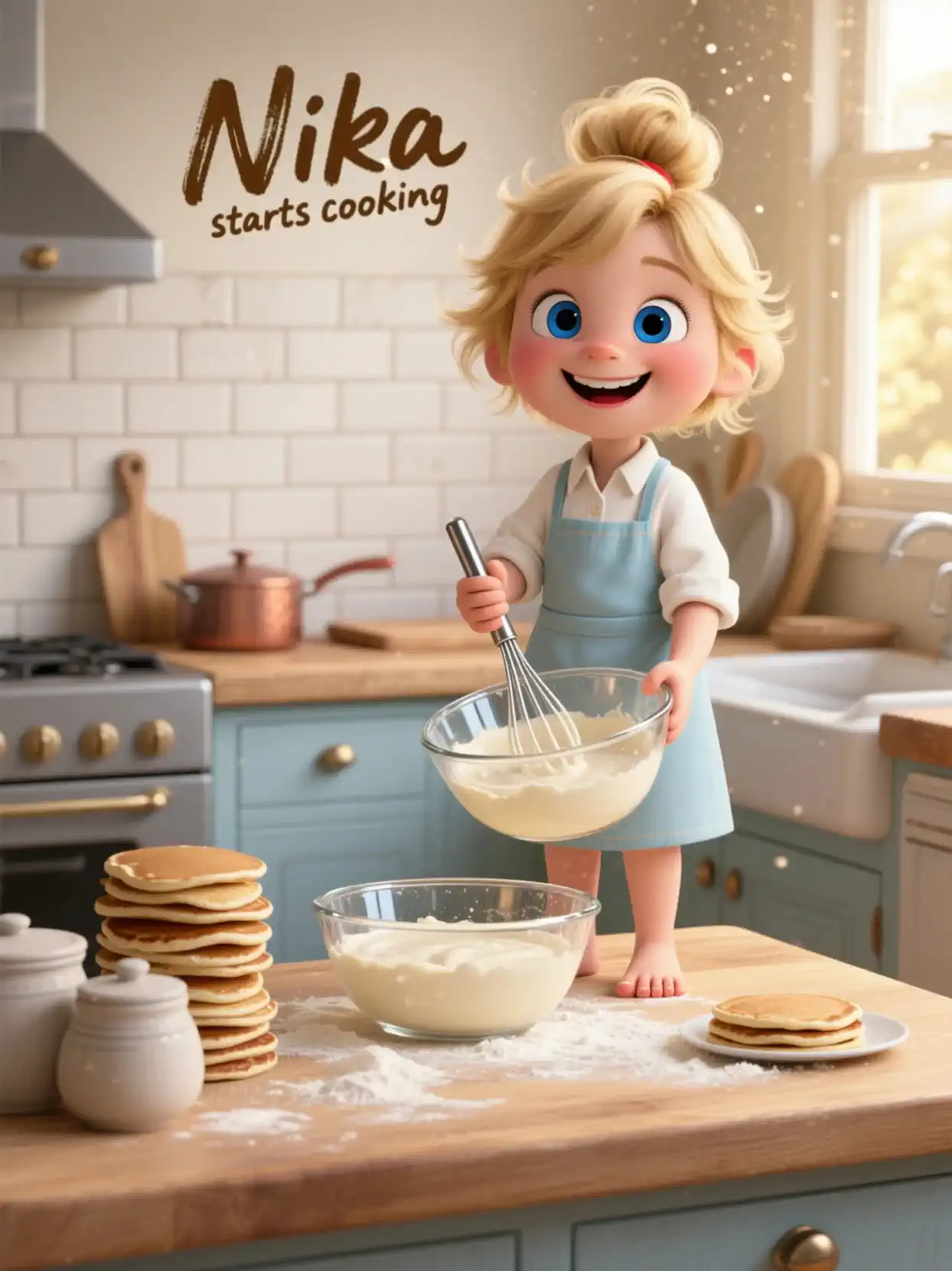 商业级卡通写实厨房场景，Midjourney style raw，4K，24fps，5s
暖阳从右侧窗户洒入，浅蓝柜体、白色地铁砖墙、木台面；台面上有面粉薄层、两只透明玻璃搅拌碗（上碗在手中、下碗在台面）、煎饼小塔与陶罐。镜头中景固定，零抖动、零畸变、浅景深，金色尘埃在阳光中微闪。

主角：金发小女孩，高丸子头，蓝眼睛，红润脸颊；白衬衣卷袖+浅蓝围裙，赤脚站在台面上。表情俏皮可爱、眼神灵动，偶尔眨眼微笑。

核心动作（连续且丝滑）：
- 全程右手握不锈钢打蛋器，在手中玻璃碗里“持续顺时针搅拌奶油”，速度均匀且有弹性
- 奶油形成清晰漩涡与光泽褶皱，粘度真实，碗壁有细腻挂浆；偶有极少量奶油微点飞溅再落回碗中
- 左手稳扶碗沿，身体随节奏轻微摆动；发丝与围裙下摆细小摆动
- 台面面粉被气流轻拂，阳光中可见微粒漂浮

时间线：
0.0–1.0s 建立——女孩低头看碗，开始均匀搅拌，奶油出现小漩涡
1.0–3.5s 强化——搅拌速度略提升，漩涡加深，表情俏皮地抬眼看向镜头并微笑/眨眼
3.5–5.0s 收束——搅拌放缓至稳定节奏，奶油光泽更顺滑；镜头保持静止，停留展示质感

灯光与色彩：顶光+窗侧逆光+柔反，皮肤SSS自然，玻璃与金属高光干净不爆；色调温暖明亮。

约束：无快速剪辑、无夸张粒子/烟雾/文字Logo；动作平滑ease-in-out；声音可选但画面以视觉为主。